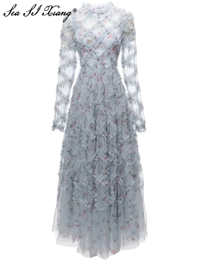 Seasixiang Fashion Designer Early Autumn Mesh Dress Women O-Neck Lantern Sleeve Ruffles Floral Print Elegant Party Long Dresses
Seasixiang Fashion Designer Early Autumn Mesh Dress Women O-Neck Lantern Sleeve Ruffles Floral Print Elegant Party Long Dresses