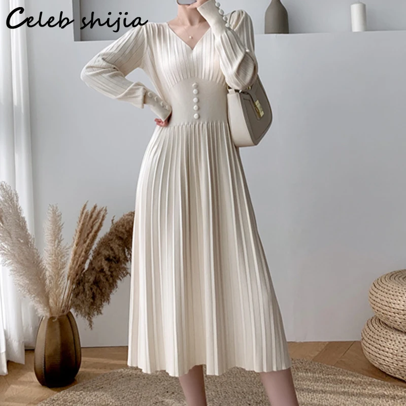Retro Apricot Knitted Dress Vestido Women Winter Korean Fashion Long-sleeve Wool Dresses Fall V-neck Striped Clothing 2023
Retro Apricot Knitted Dress Vestido Women Winter Korean Fashion Long-sleeve Wool Dresses Fall V-neck Striped Clothing 2023