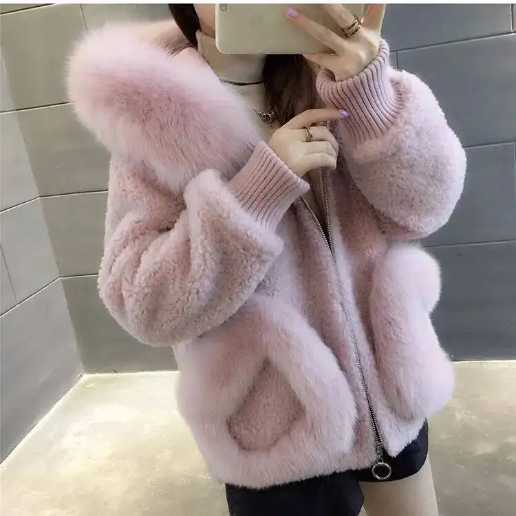 2024 Autumn Winter Faux Fur Collar Shearling Coat Women Hooded Short Wool Jacket Korean Style Warm Outerwear
2024 Autumn Winter Faux Fur Collar Shearling Coat Women Hooded Short Wool Jacket Korean Style Warm Outerwear