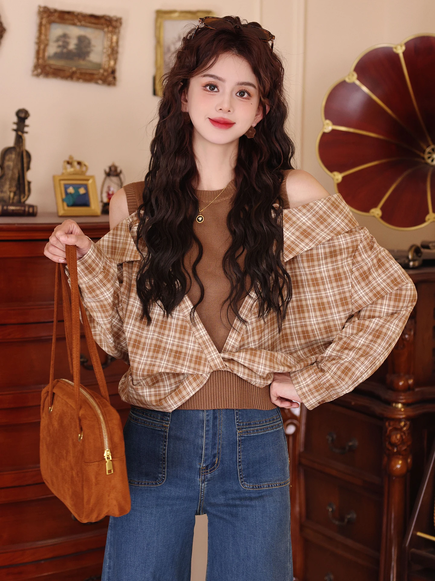 Chend Vintage Plaid irt And Knitwear Two-Piece Set Women's Autumn Faion Loose Fit Long Sve Breathable Skin-Friendly
Chend Vintage Plaid irt And Knitwear Two-Piece Set Women's Autumn Faion Loose Fit Long Sve Breathable Skin-Friendly