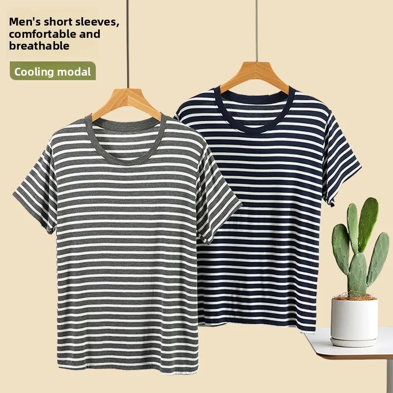 Modal Men's Striped Short Sleeved T-Shirt Round Neck Half Sleeved Base Shirt Pajamas Loose Casual Top Soft Casual Sleepwear
Modal Men's Striped Short Sleeved T-Shirt Round Neck Half Sleeved Base Shirt Pajamas Loose Casual Top Soft Casual Sleepwear
