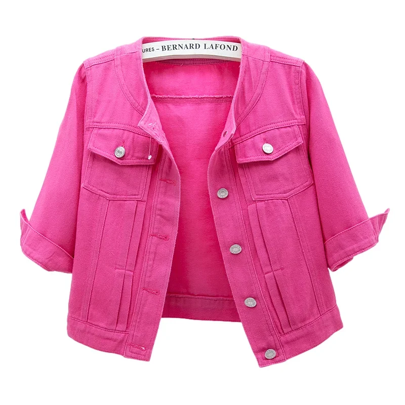 Spring Summer Fashion Rose Red Denim Jacket Coat Women Slim Short Outerwear O Neck Big Pocket Half Sleeve Jeans Jacket Female
Spring Summer Fashion Rose Red Denim Jacket Coat Women Slim Short Outerwear O Neck Big Pocket Half Sleeve Jeans Jacket Female