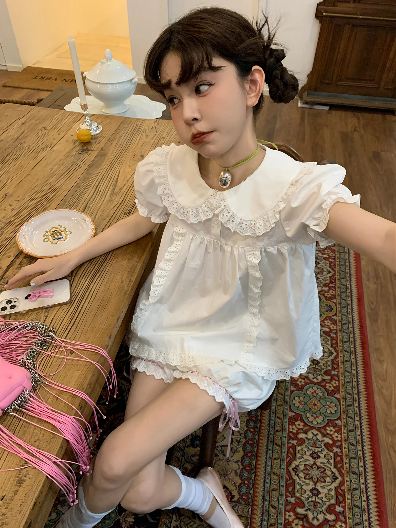 Le Rouge Girl Core Lace Doll Collar irt Bow Flower Pant Set Vintage Simple l Waist Elastic Cotton Straight Leg Pants
Le Rouge Girl Core Lace Doll Collar irt Bow Flower Pant Set Vintage Simple l Waist Elastic Cotton Straight Leg Pants