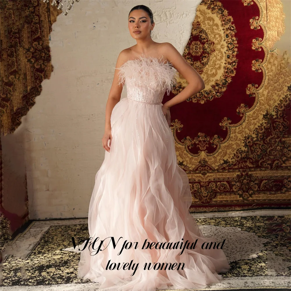 NFYN Blush Pink Prom Dress Strapless Celebrity Dresses with Feathers Women's Evening Dresses Wave Hem Formal Gown Customized
NFYN Blush Pink Prom Dress Strapless Celebrity Dresses with Feathers Women's Evening Dresses Wave Hem Formal Gown Customized