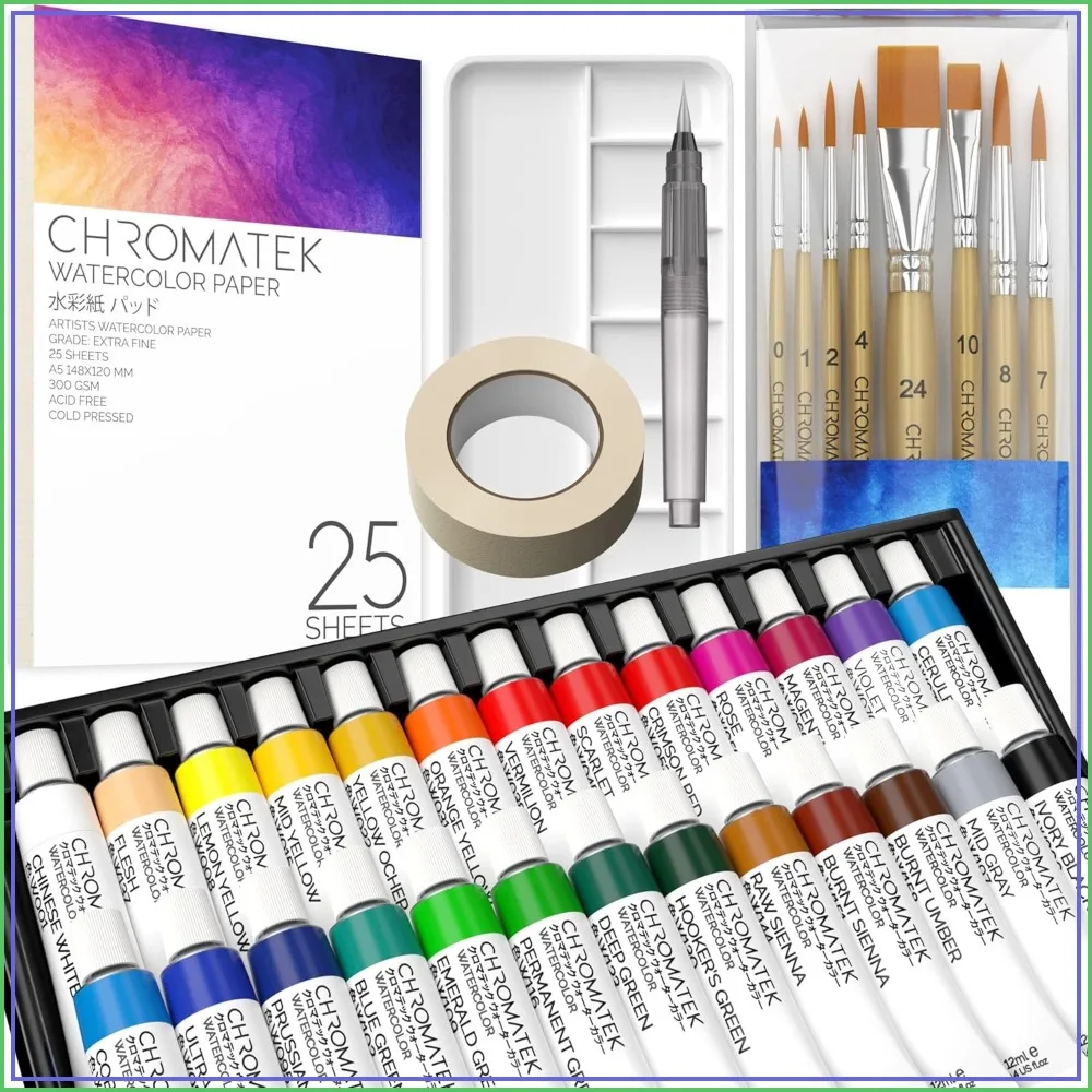 62-Piece Watercolor Paint Set for Adults & Artists - 26 Tubes (12ml), Sketch Pad, 8 Brushes, Aqua Pen, Palette, Masking Tape
62-Piece Watercolor Paint Set for Adults & Artists - 26 Tubes (12ml), Sketch Pad, 8 Brushes, Aqua Pen, Palette, Masking Tape