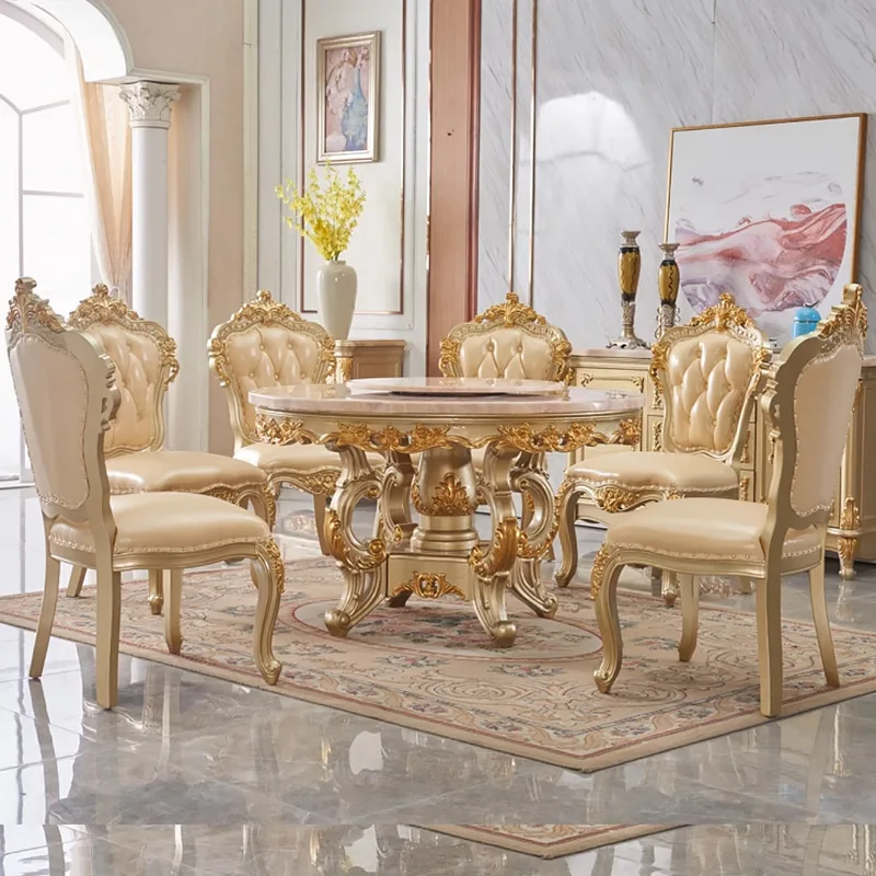 European solid wood natural marble dining table and chair combination eating round dining table home
European solid wood natural marble dining table and chair combination eating round dining table home