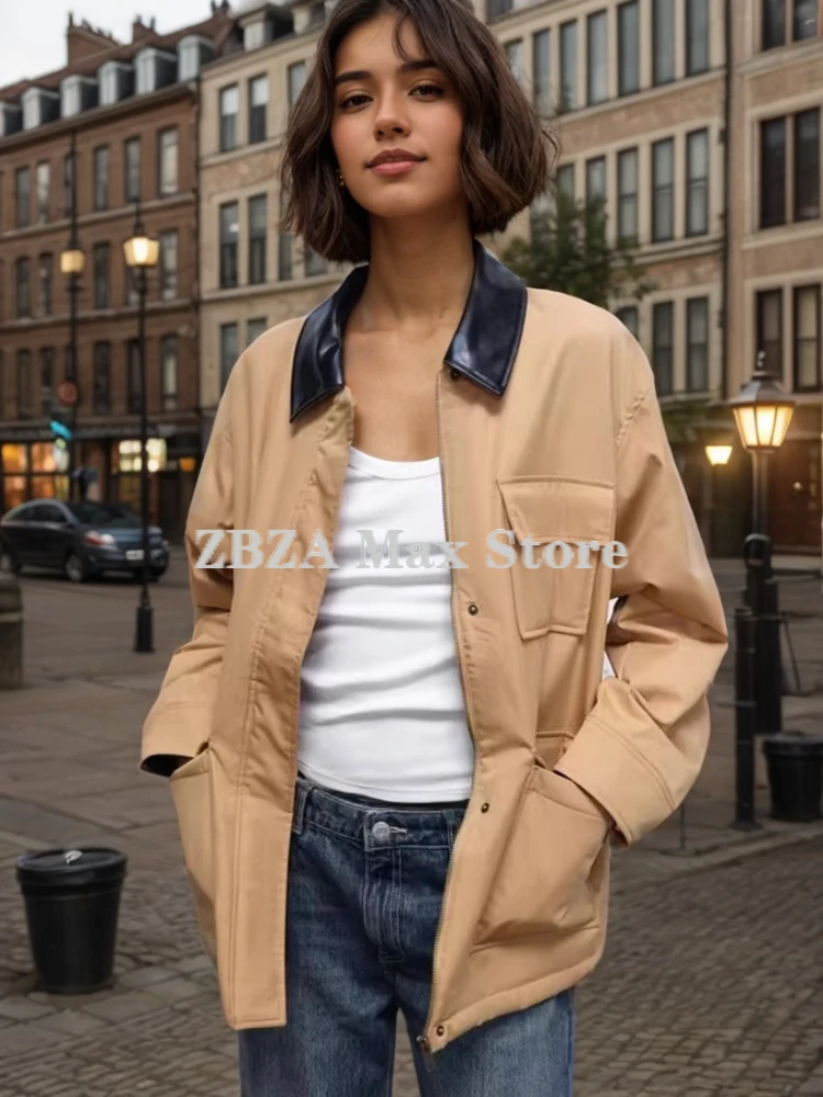 ZBZA Women's Faux Leather Loose Jacket Lapel Long Sleeves Multiple Pockets Zip Hidden Button Patchwork Outerwear Fall Chic Coat
ZBZA Women's Faux Leather Loose Jacket Lapel Long Sleeves Multiple Pockets Zip Hidden Button Patchwork Outerwear Fall Chic Coat