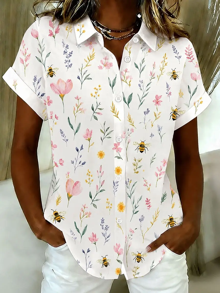 Women's White Floral & Bee Print Button Down Shirt, Casual Tops for Spring Summer Daily Streetwear & Vacation Occasions
Women's White Floral & Bee Print Button Down Shirt, Casual Tops for Spring Summer Daily Streetwear & Vacation Occasions