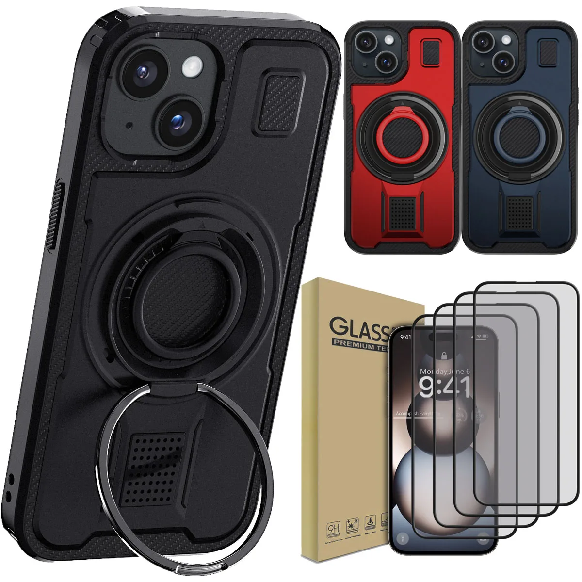 For iPhone 15/15 Plus/15 Pro/15 Pro Max Case Kickstand Shockproof Cover And 4pcs Full Coverage Tempered Glass Screen Protectors
For iPhone 15/15 Plus/15 Pro/15 Pro Max Case Kickstand Shockproof Cover And 4pcs Full Coverage Tempered Glass Screen Protectors