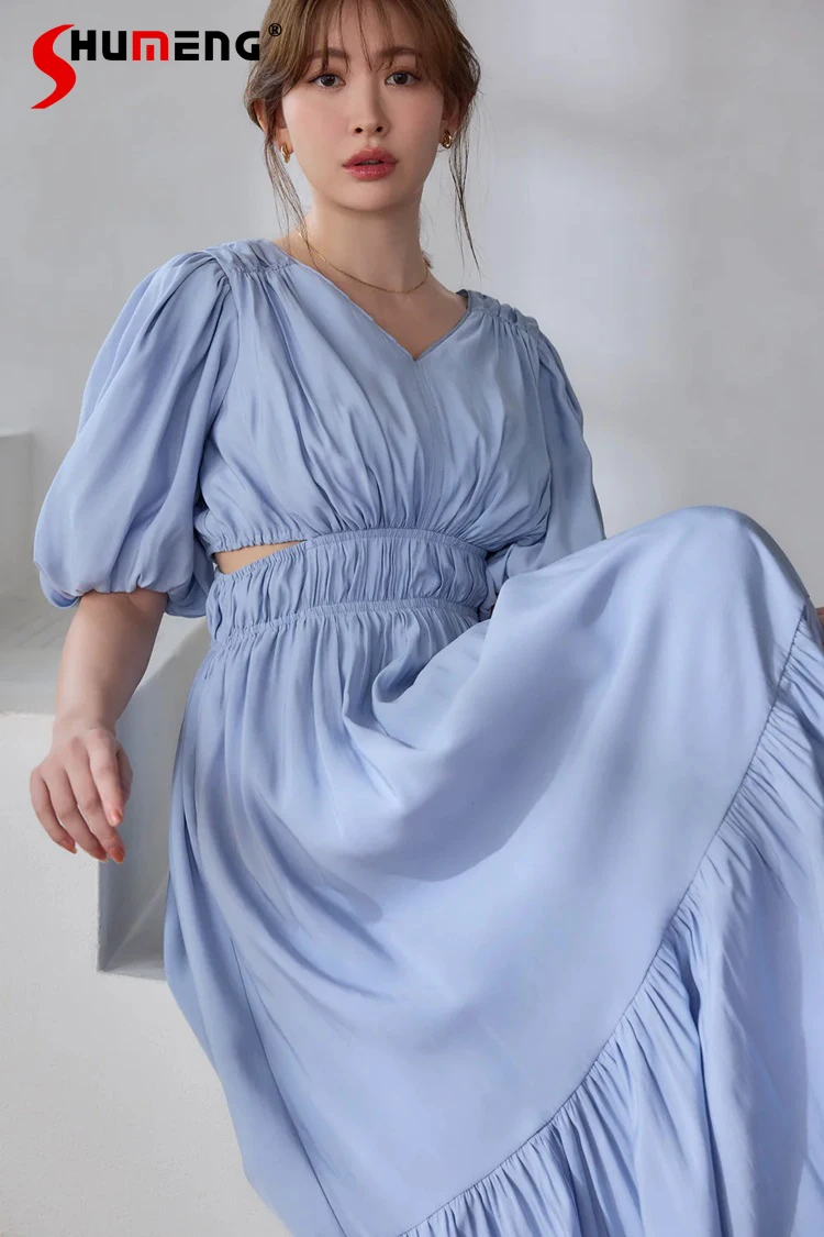 Japanese Sweet Daily Casual Blue Long Dress Summer New Women's High Waist Elegant V-neck Bubble Sleeve Short-sleeved Dresses
Japanese Sweet Daily Casual Blue Long Dress Summer New Women's High Waist Elegant V-neck Bubble Sleeve Short-sleeved Dresses