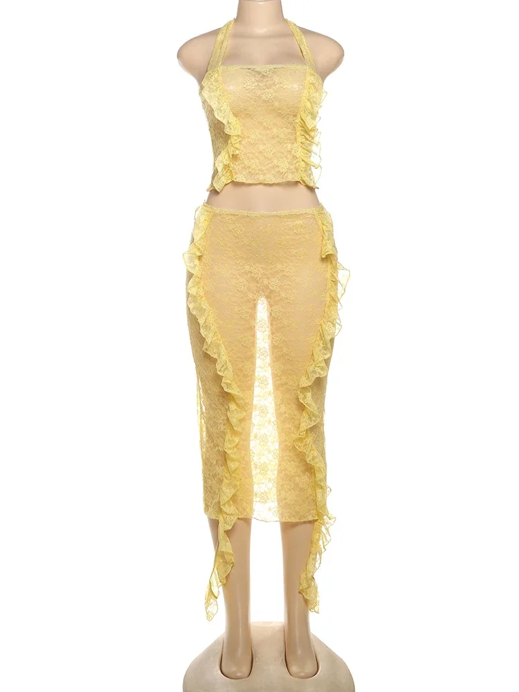 Sisterlinda Lace Patchwork 2 Piece Set Summer Hotsweet Halter Bandage Ruched Camis+Matching Maxi Skirts Female Festival Outfits
Sisterlinda Lace Patchwork 2 Piece Set Summer Hotsweet Halter Bandage Ruched Camis+Matching Maxi Skirts Female Festival Outfits