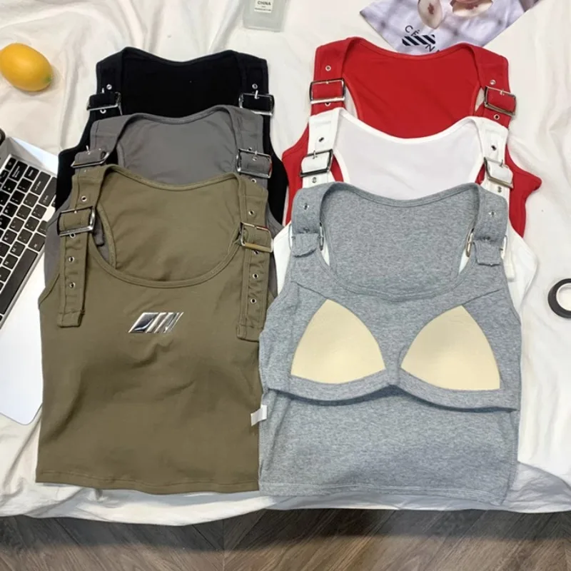Belt Buckle Adjustment Punk Gothic Tank Tops Soft with Bra Cup Camis Crop Tops Fashion Streetwear Badge Tees Summer Sexy Women
Belt Buckle Adjustment Punk Gothic Tank Tops Soft with Bra Cup Camis Crop Tops Fashion Streetwear Badge Tees Summer Sexy Women