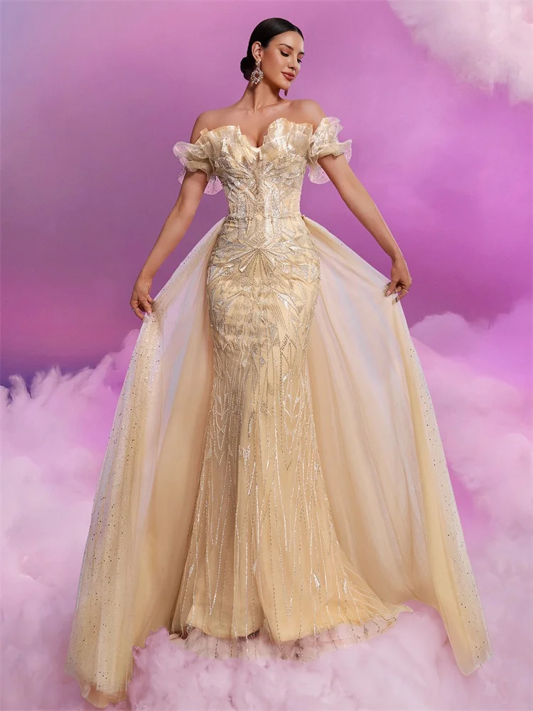 XUIBOL luxury Sexy Off The Shoulder Evening Dress Mermaid Sequin Backless Wedding Party Dress Lotus leaf Neck Cocktail Gown
XUIBOL luxury Sexy Off The Shoulder Evening Dress Mermaid Sequin Backless Wedding Party Dress Lotus leaf Neck Cocktail Gown
