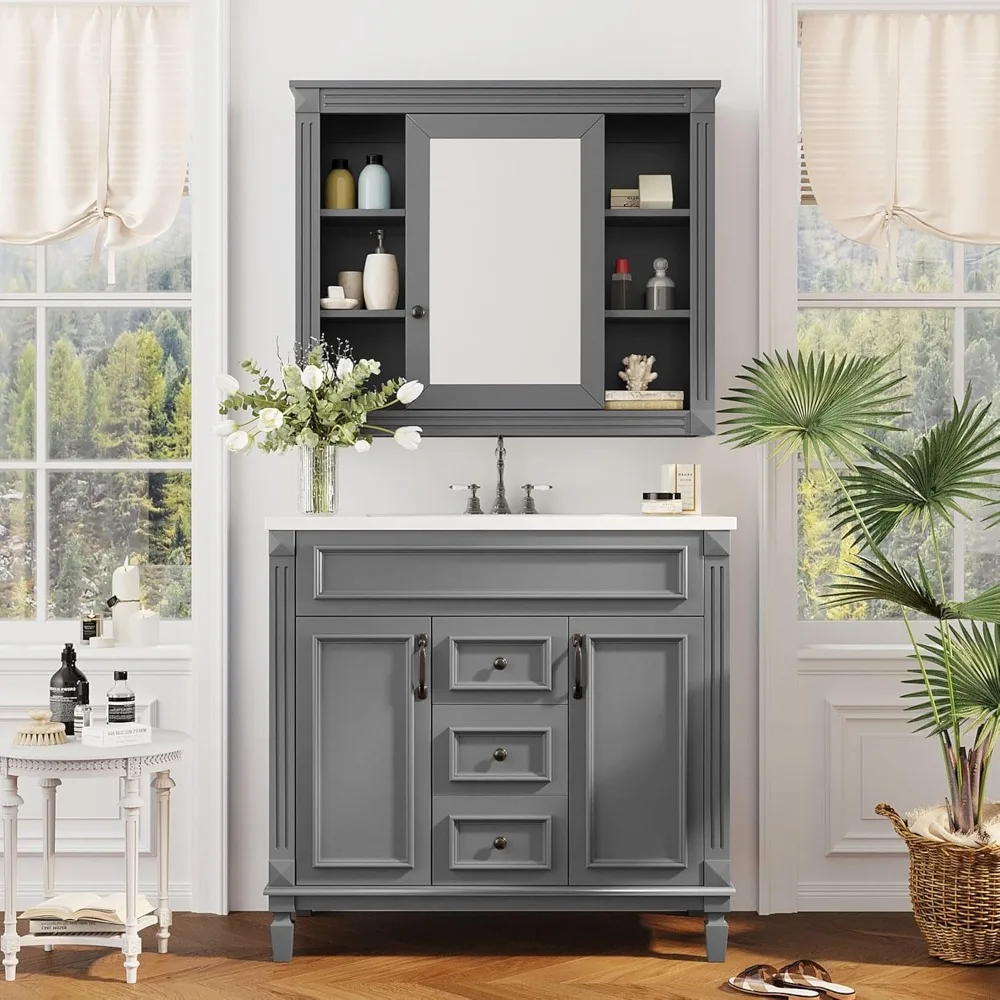 36" Bathroom Vanities with Matching Medicine Cabinet & Single Sink, Modern Undermount Bathroom Sink Cabinet with 3 Closing Doors
36" Bathroom Vanities with Matching Medicine Cabinet & Single Sink, Modern Undermount Bathroom Sink Cabinet with 3 Closing Doors