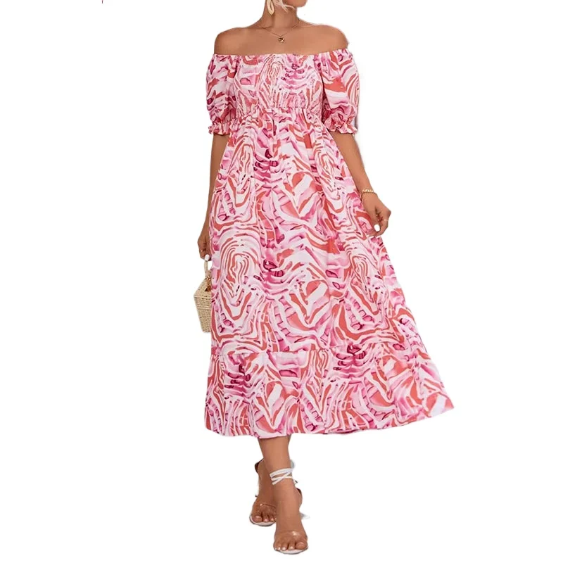 Summer New Sweet Top One-word Neck Printing Short Sleeve Elastic Waist Medium Long Dress Floral Dress Summer Dress Women
Summer New Sweet Top One-word Neck Printing Short Sleeve Elastic Waist Medium Long Dress Floral Dress Summer Dress Women