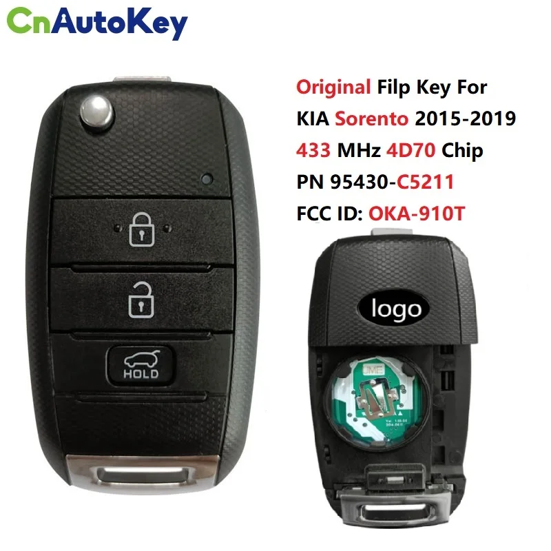 CN051139 Original PN 95430-C5211 For KIA Sorento 2015-2019 Flip Remote Key 3 Buttons 433 MHz 4D70 Chip FCC ID: OKA-910T C5210
CN051139 Original PN 95430-C5211 For KIA Sorento 2015-2019 Flip Remote Key 3 Buttons 433 MHz 4D70 Chip FCC ID: OKA-910T C5210