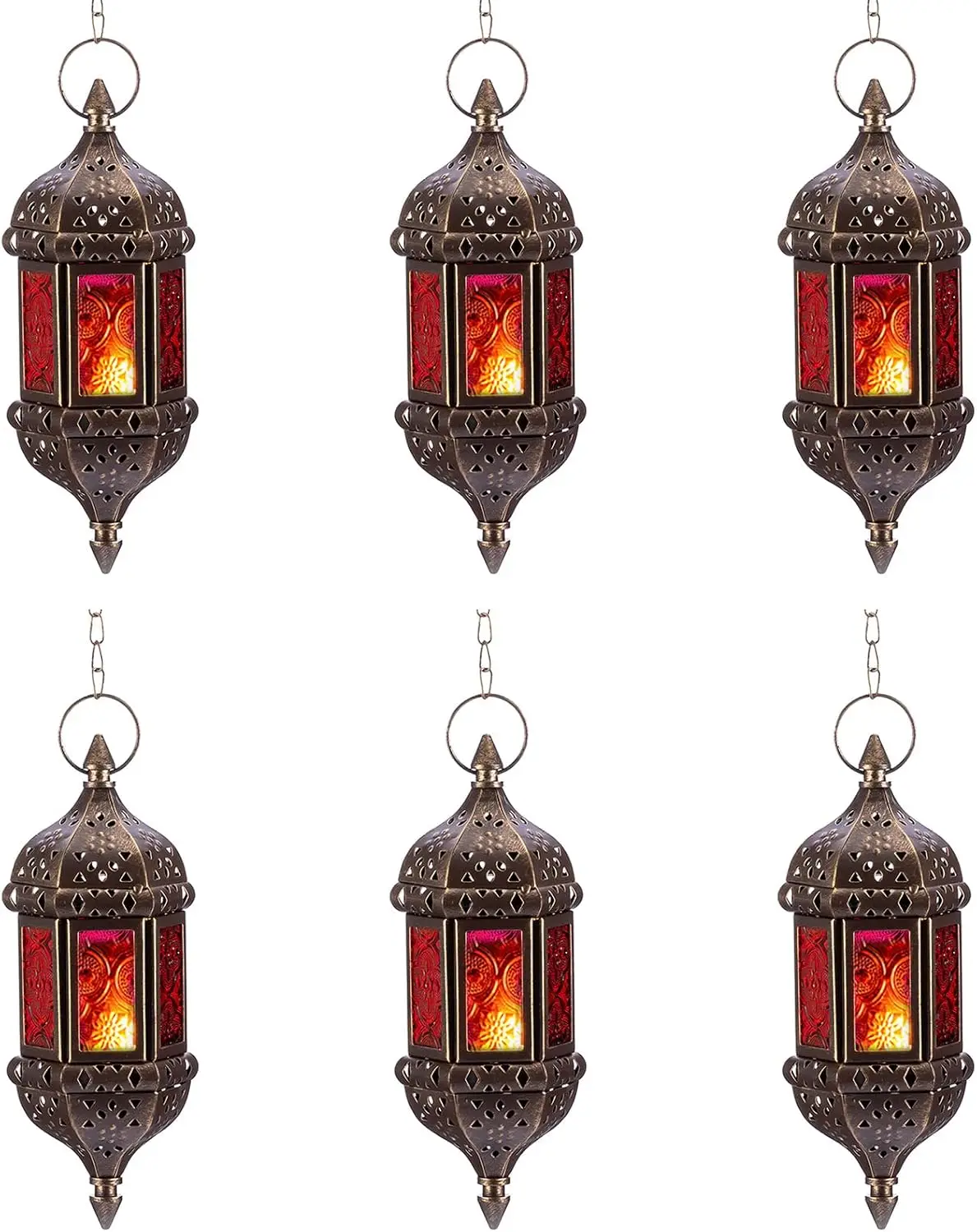 6 Pcs Handmade Hanging Hexagon Moroccan Candle Lanterns with Red & Purple Glass, Bronze Metal Decor for Home
6 Pcs Handmade Hanging Hexagon Moroccan Candle Lanterns with Red & Purple Glass, Bronze Metal Decor for Home