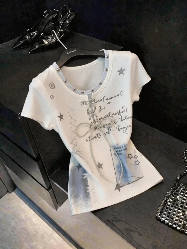 Summer 2026 V-Neck T-Shirt Women's Beautiful Star Print Miniature Sexy Short Sleeve Knot Shoulder Fit Korean Style Top
Summer 2026 V-Neck T-Shirt Women's Beautiful Star Print Miniature Sexy Short Sleeve Knot Shoulder Fit Korean Style Top