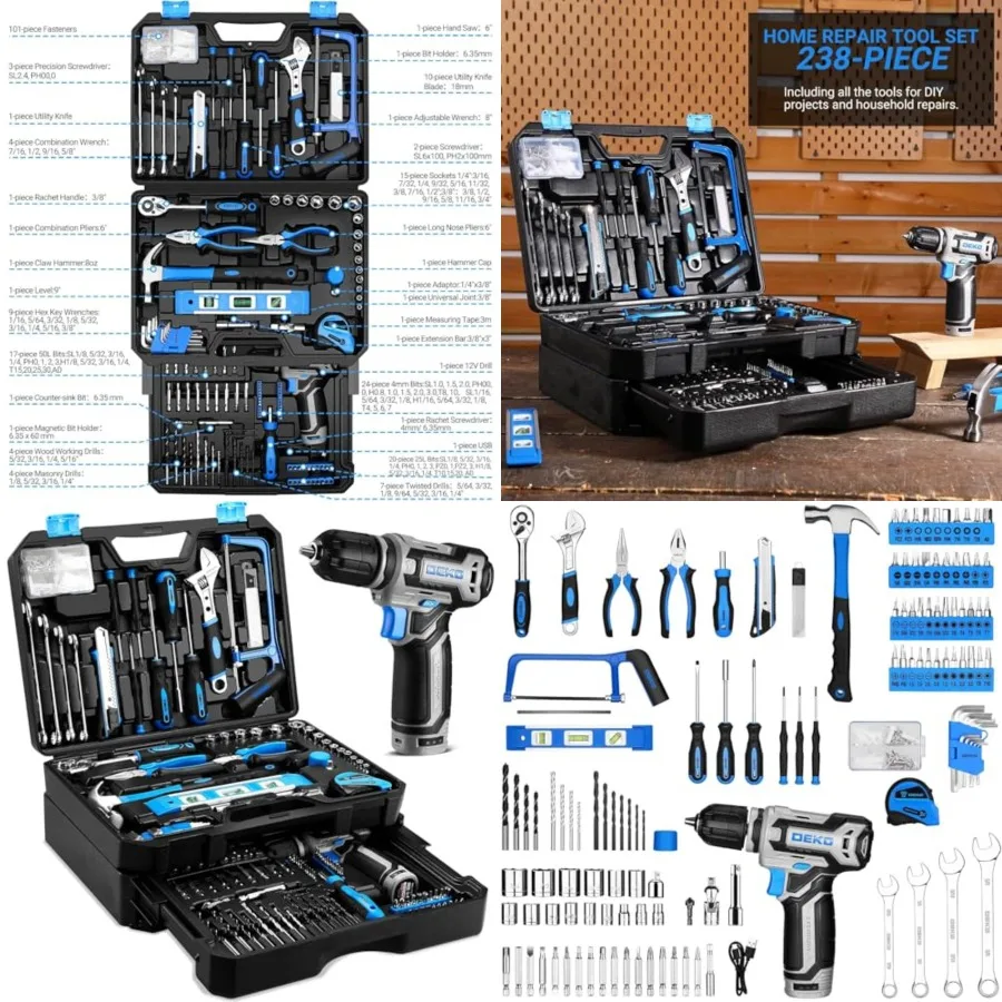 Tool Set: Tool Kit with 12V Cordless Drill, Hand Toolbox with storage case, Mechanic Tool set for Home Repairs, Blue
Tool Set: Tool Kit with 12V Cordless Drill, Hand Toolbox with storage case, Mechanic Tool set for Home Repairs, Blue
