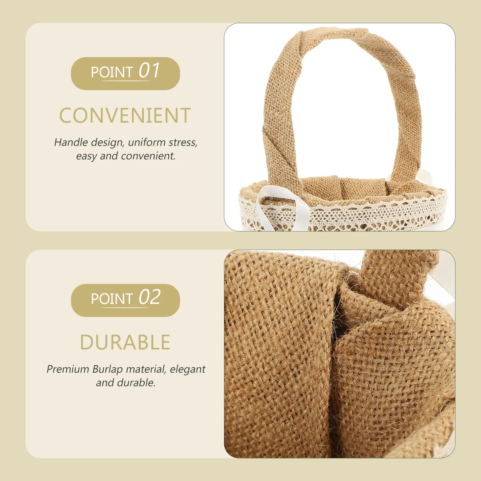 Brown White Burlap Flower Basket Delicate Lace Ribbon Embellished Ideal Wedding Flower Girl Candy Gift Confetti Holder 
Brown White Burlap Flower Basket Delicate Lace Ribbon Embellished Ideal Wedding Flower Girl Candy Gift Confetti Holder