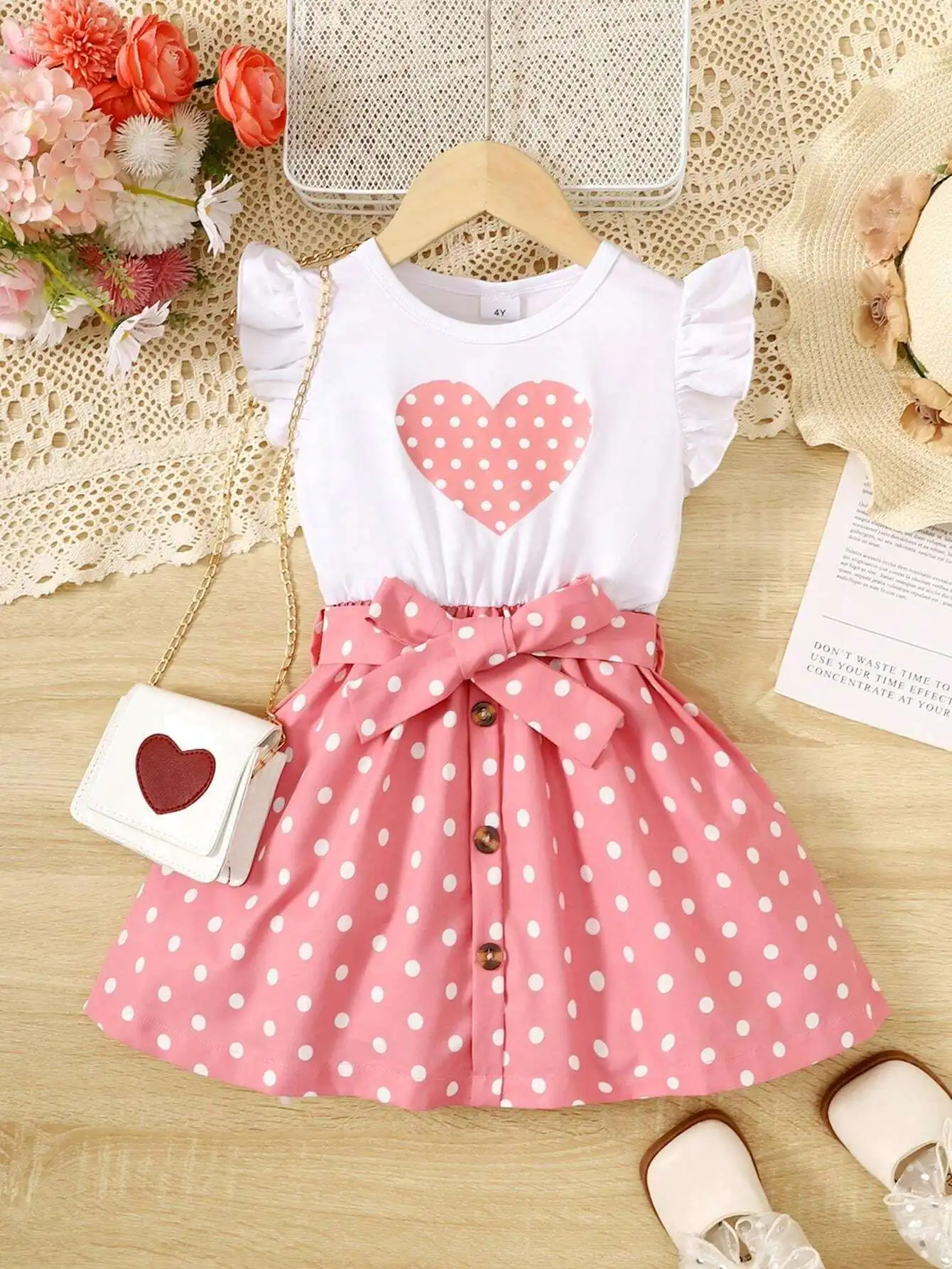 Women's Polka Dot Heart Print Ruffle Sleeve A-Line Dress With Bow Waist
Women's Polka Dot Heart Print Ruffle Sleeve A-Line Dress With Bow Waist