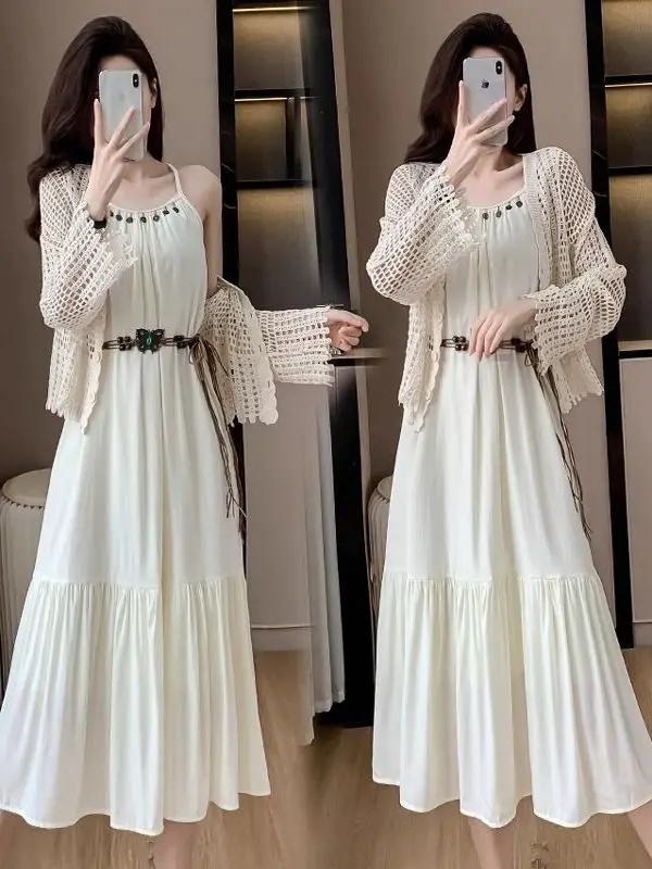 Bohemian Strapless Hollow out Cardigan Two-Piece Set Summer Fairy Tale Forest Beach Vacation Long Dress Women's Fashion
Bohemian Strapless Hollow out Cardigan Two-Piece Set Summer Fairy Tale Forest Beach Vacation Long Dress Women's Fashion