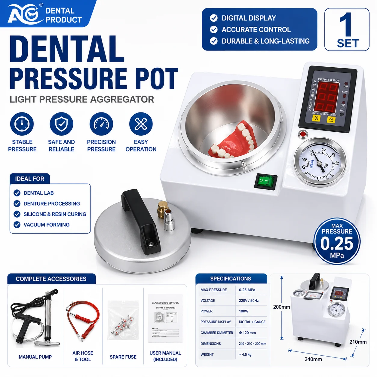 AG Dental Lab Polymerizing Digital Display Adsorption silicone rubber repair Dental Polymerizer Portable Curing Pressure Pot
AG Dental Lab Polymerizing Digital Display Adsorption silicone rubber repair Dental Polymerizer Portable Curing Pressure Pot