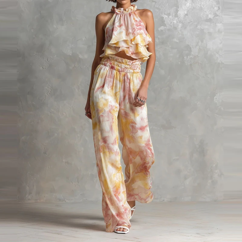 Fashion Sleeveless Halter Ruffles Tops&Pants Sets Summer Hollow Out Printed Vacation Sets Elegant Lady High Waist Long Pants Set
Fashion Sleeveless Halter Ruffles Tops&Pants Sets Summer Hollow Out Printed Vacation Sets Elegant Lady High Waist Long Pants Set