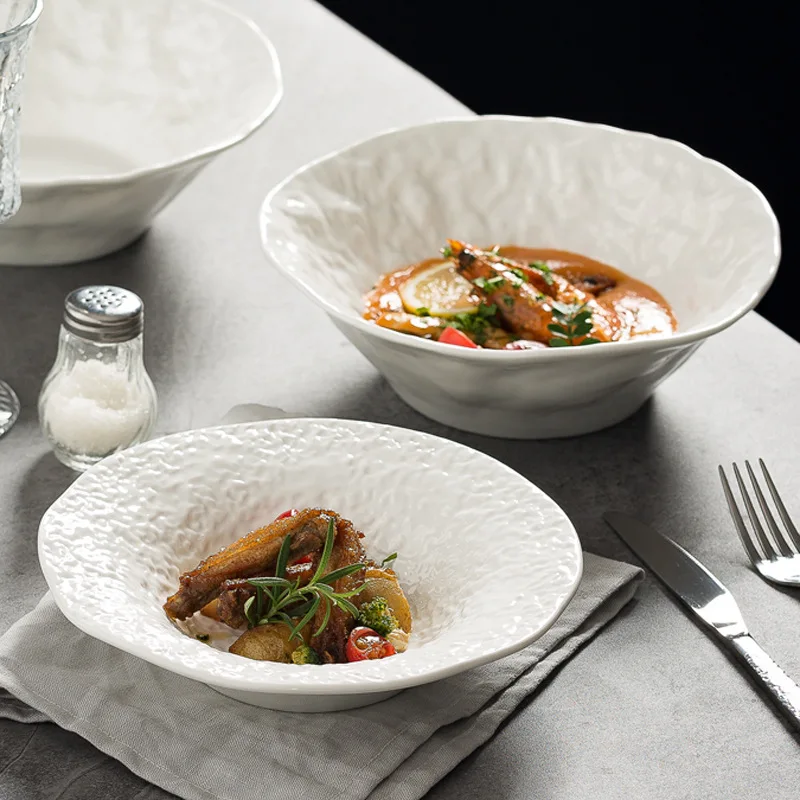White Porcelain Deep Plate with Rock Pattern Restaurant Soup Bowl Ceramic Breakfast Tableware Salad Ramen Plate Kitchen Utensils
White Porcelain Deep Plate with Rock Pattern Restaurant Soup Bowl Ceramic Breakfast Tableware Salad Ramen Plate Kitchen Utensils