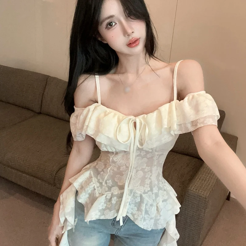 Summer Sweet Flare Sleeve Suspender Irregular Top Women Ruffles Lace Camis Shirt Temperament Sexy Off Shoulder Slim Top
Summer Sweet Flare Sleeve Suspender Irregular Top Women Ruffles Lace Camis Shirt Temperament Sexy Off Shoulder Slim Top