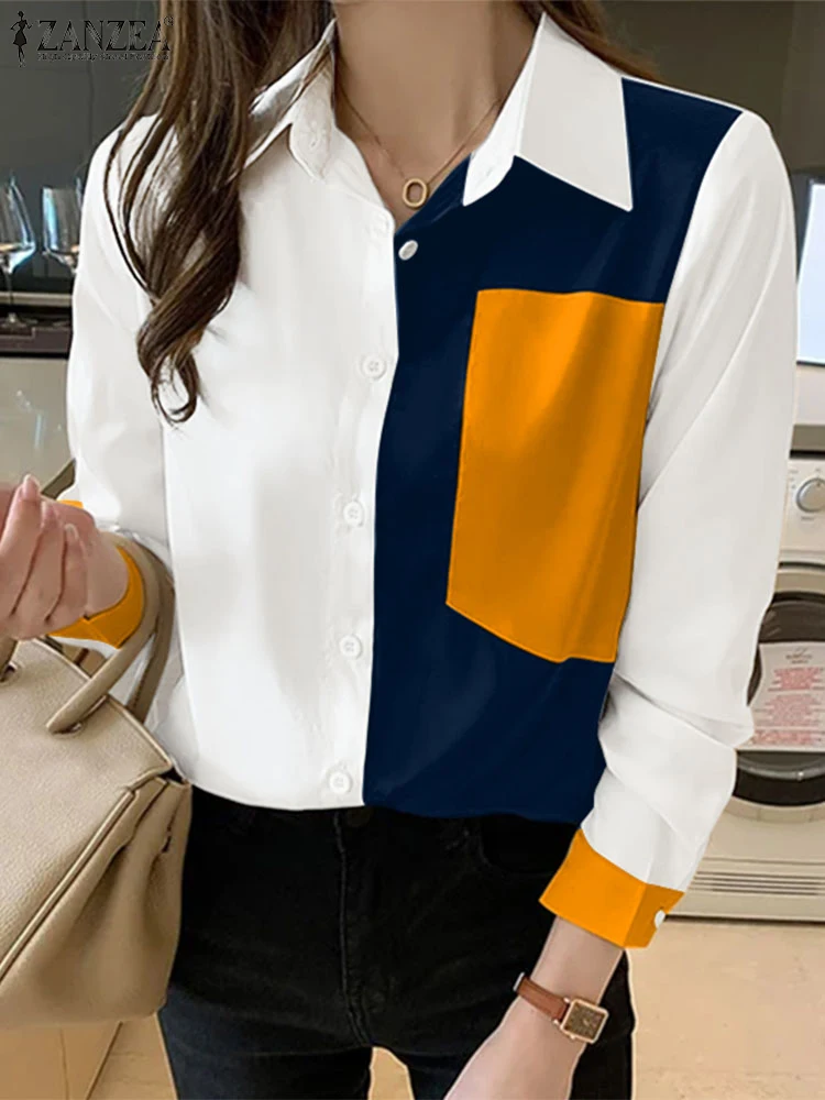 Fashion Color block Long Sleeve Tops ZANZEA Office Lady Shirts Women Lapel Collar Pocket Tunics Casual Loose Korean Blouse Femme
Fashion Color block Long Sleeve Tops ZANZEA Office Lady Shirts Women Lapel Collar Pocket Tunics Casual Loose Korean Blouse Femme