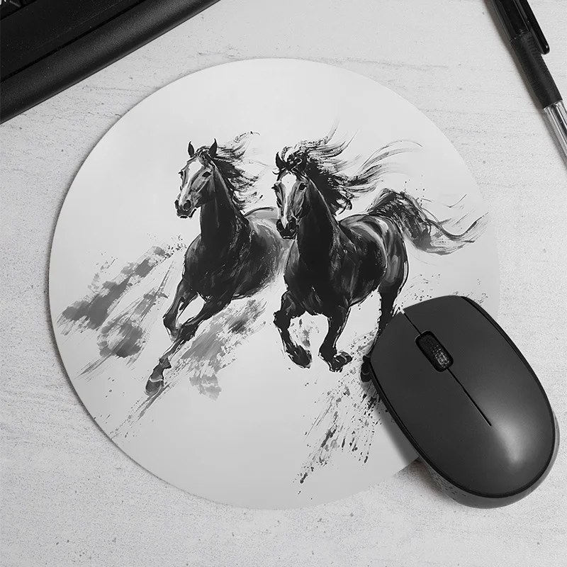 The circular mousepad is anti-slip and waterproof. It features a black white horse design is suitable for office gaming players
The circular mousepad is anti-slip and waterproof. It features a black white horse design is suitable for office gaming players