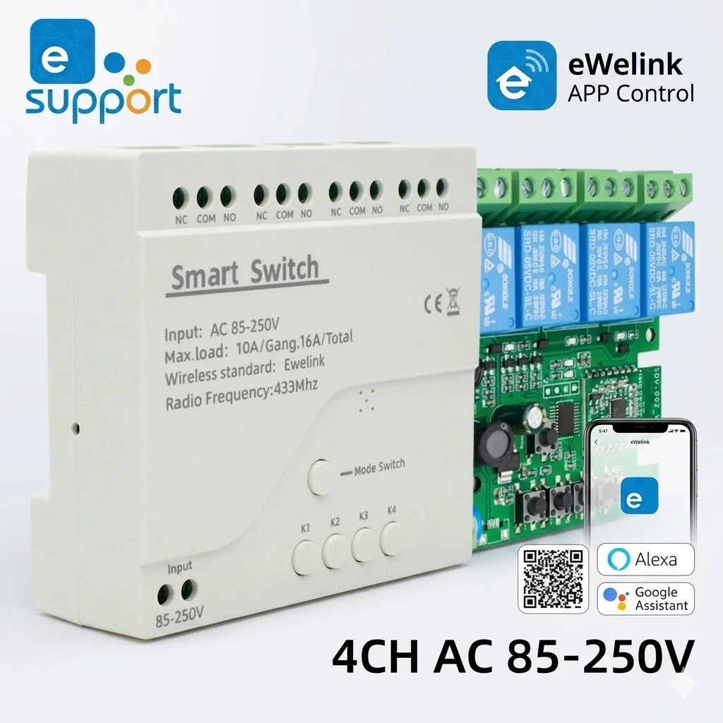 EWelink Smart WiFi Switch 1/2/4CH 12V 24V 220V 10A/Channel RF433MHz Relay Module APP Remote Control Works with Alexa Google Home
EWelink Smart WiFi Switch 1/2/4CH 12V 24V 220V 10A/Channel RF433MHz Relay Module APP Remote Control Works with Alexa Google Home