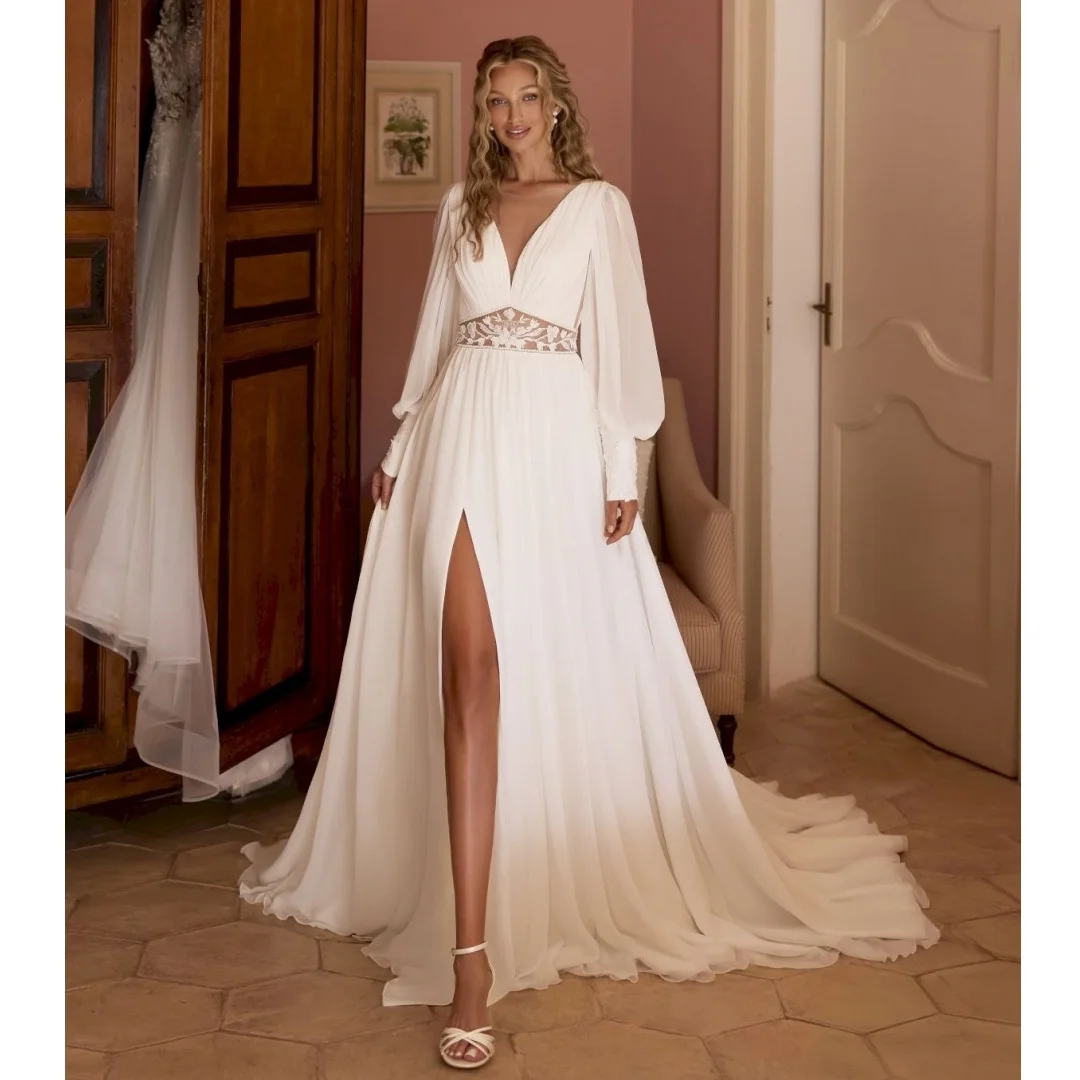 Bohemian Wedding Dresses Long Sleeves Chiffon Bridal Gown Side Slit Sweep Train Lace Appliqued robe de mariée Customized
Bohemian Wedding Dresses Long Sleeves Chiffon Bridal Gown Side Slit Sweep Train Lace Appliqued robe de mariée Customized