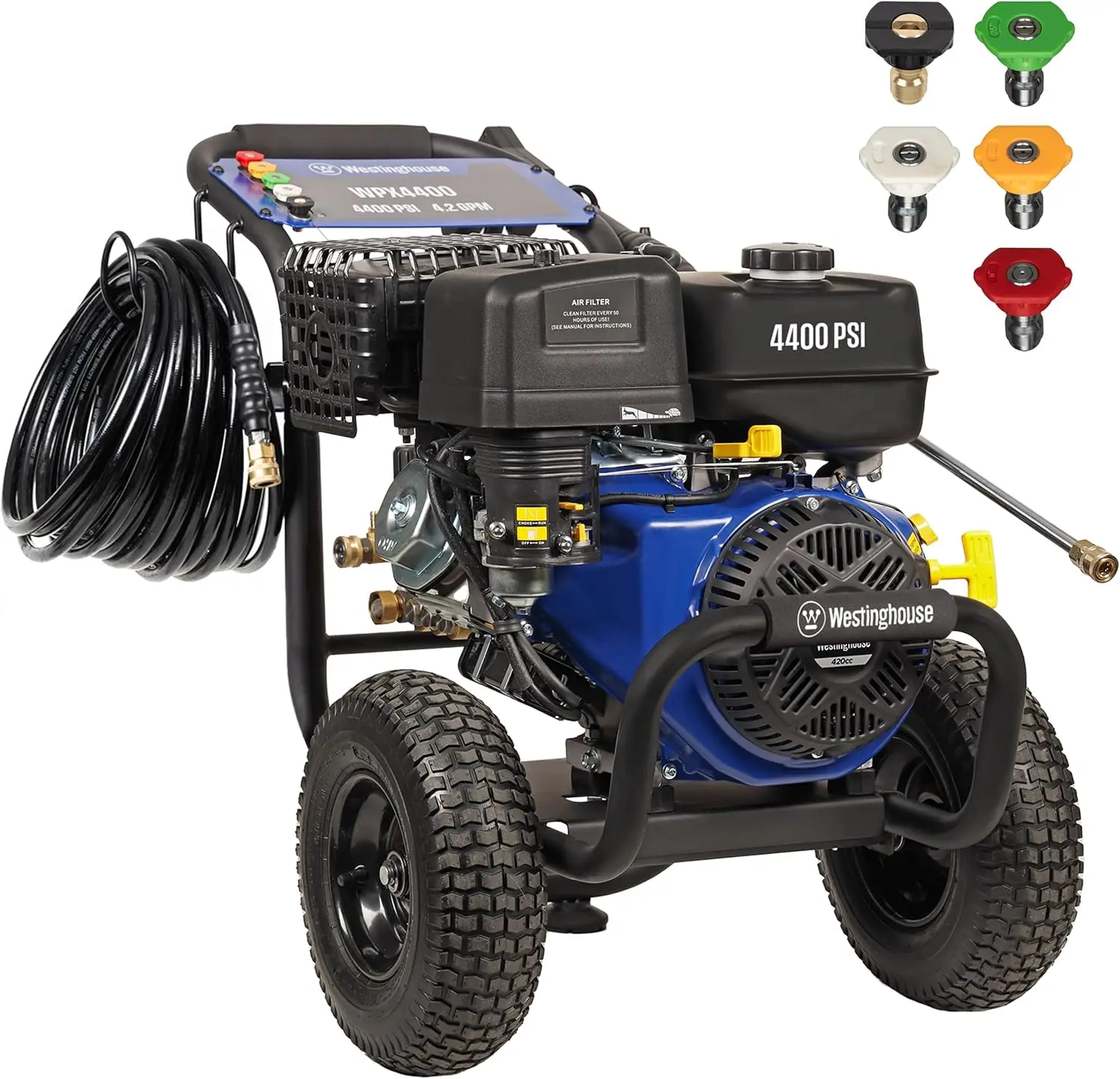 WPX4400 Gas Pressure Washer, 4400 PSI and 4.2 Max GPM, Spray Gun and Wand, 5 Nozzle Set, for Cars/Fences/Driveways/Homes/Patios/
WPX4400 Gas Pressure Washer, 4400 PSI and 4.2 Max GPM, Spray Gun and Wand, 5 Nozzle Set, for Cars/Fences/Driveways/Homes/Patios/