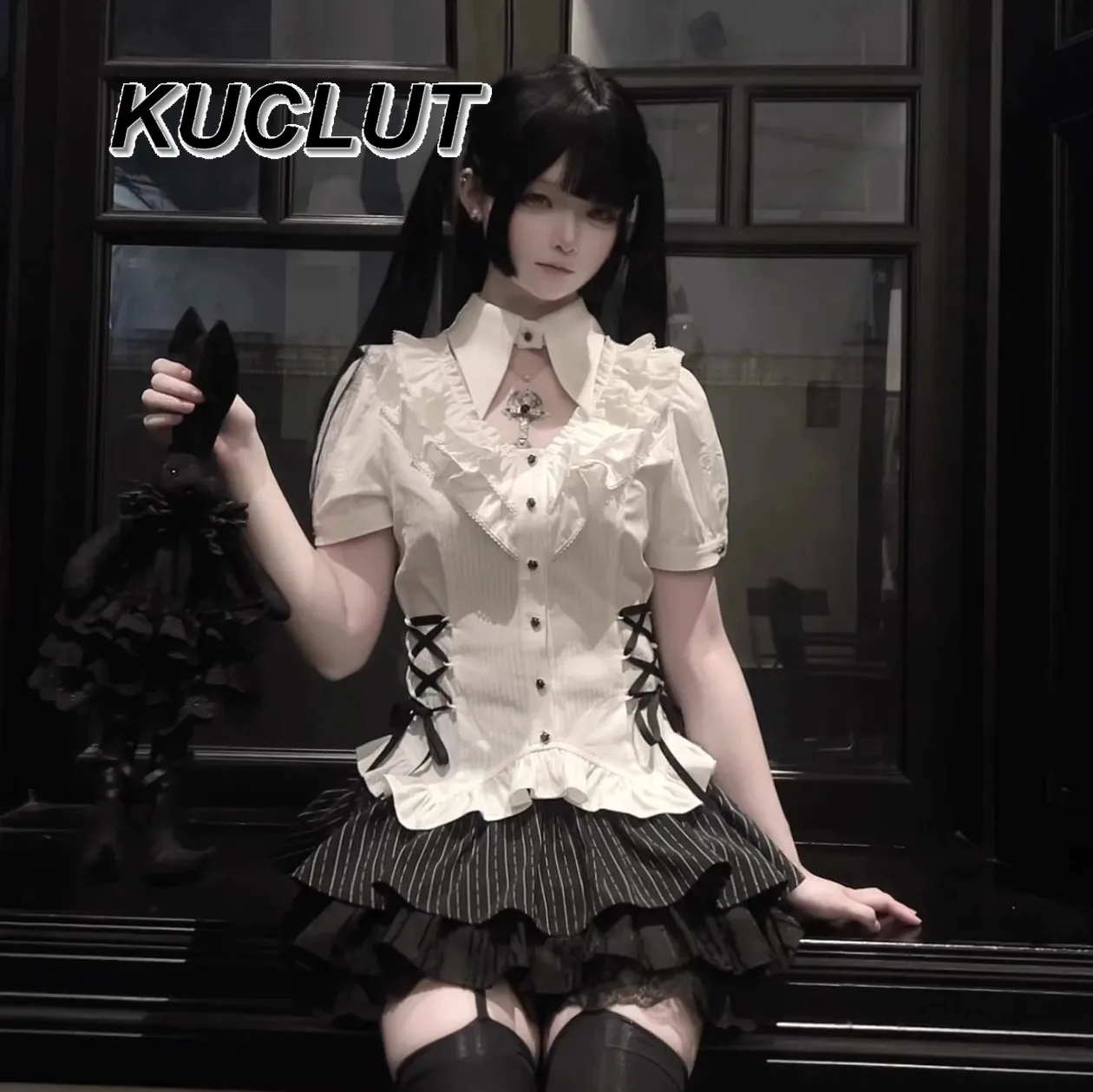 Vintage Gothic Girl Sweet Pointed Collar Ruffle Shirt Slim Fit Striped Skirt Set Japanese Style Two Piece Sets Womens Outifits
Vintage Gothic Girl Sweet Pointed Collar Ruffle Shirt Slim Fit Striped Skirt Set Japanese Style Two Piece Sets Womens Outifits