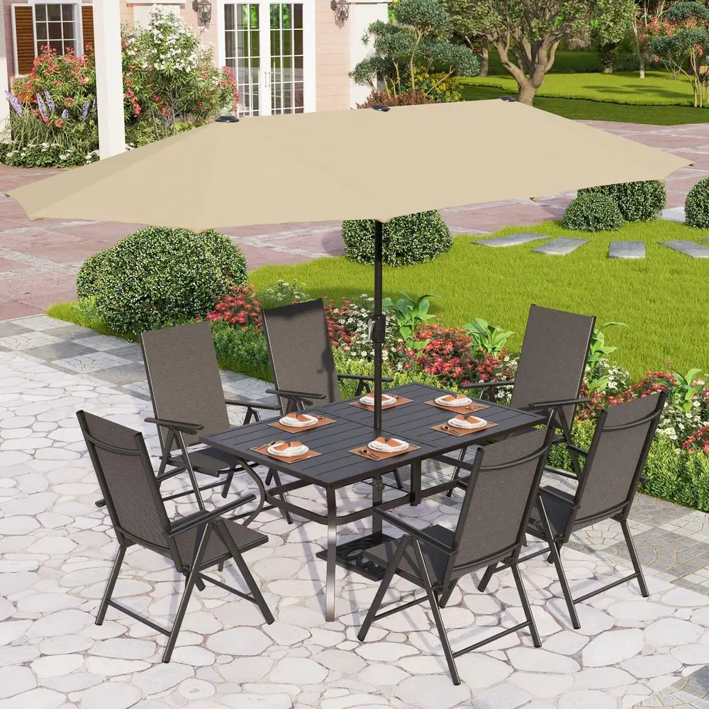 7 Piece Patio Dining Furniture Set with Umbrella, Outdoor Table and Chairs for 6, Foldable Patio Dining Chairs Black with Adjus
7 Piece Patio Dining Furniture Set with Umbrella, Outdoor Table and Chairs for 6, Foldable Patio Dining Chairs Black with Adjus