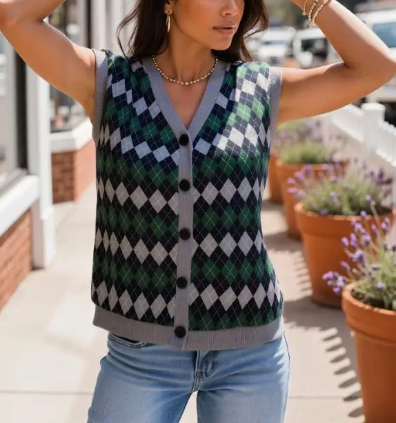 Loose Women's Sweater Vest Retro Classic Color Blocked Diamond Grid Print V-Neck Button Front Sleeveless Knitted Sweater Vest
Loose Women's Sweater Vest Retro Classic Color Blocked Diamond Grid Print V-Neck Button Front Sleeveless Knitted Sweater Vest