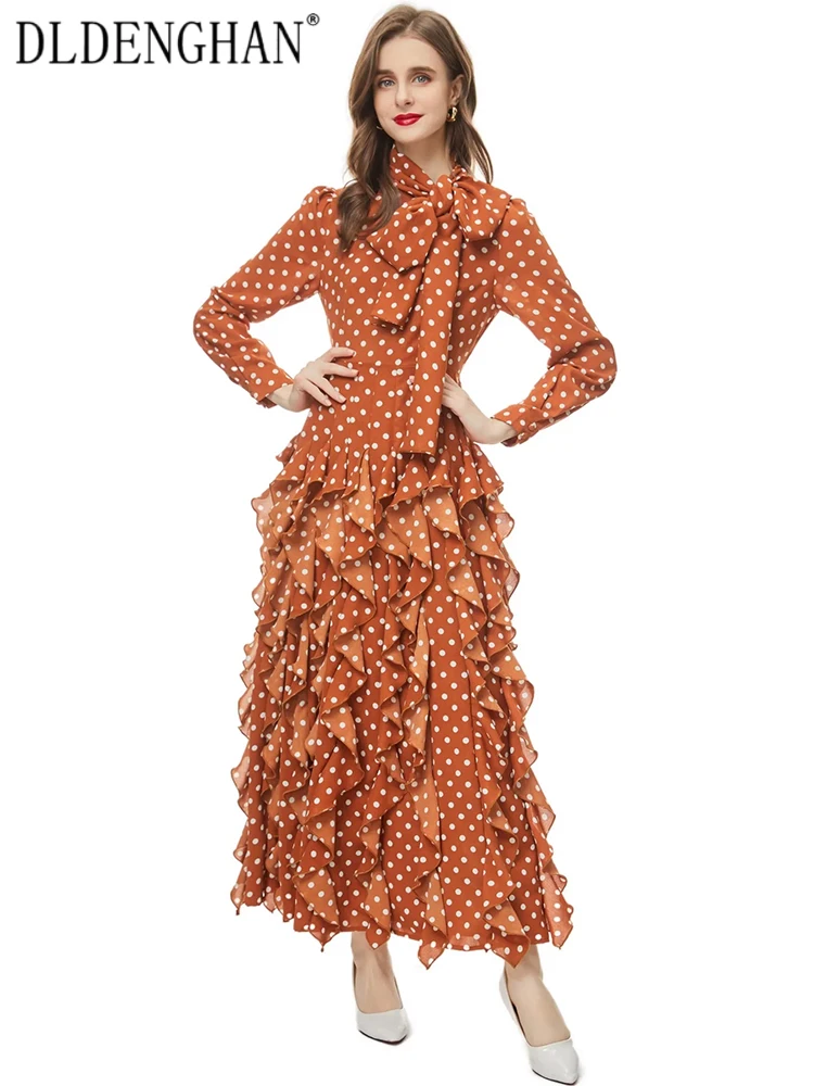 DLDENGHAN Spring Long Dress Women Lace-up Stand Collar Long Sleeve Dot Print Ruffles Vintage Dresses Fashion Designer New
DLDENGHAN Spring Long Dress Women Lace-up Stand Collar Long Sleeve Dot Print Ruffles Vintage Dresses Fashion Designer New