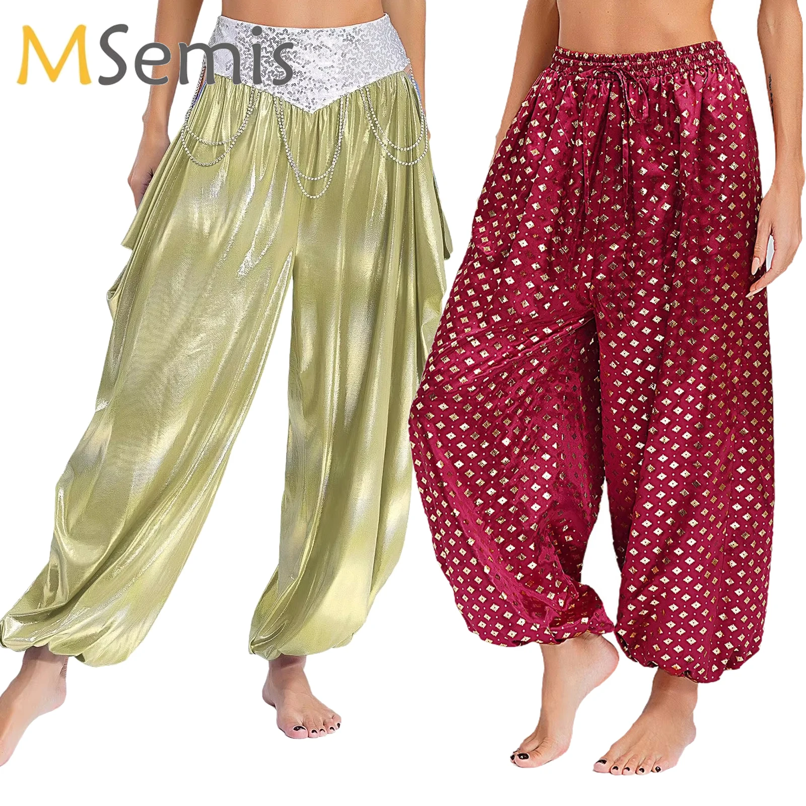 Women's Belly Dance Costume Metallic Lantern Pants Rhinestone Chains Cutout Loose Bloomers Harem Pants Arabic Halloween Costume
Women's Belly Dance Costume Metallic Lantern Pants Rhinestone Chains Cutout Loose Bloomers Harem Pants Arabic Halloween Costume