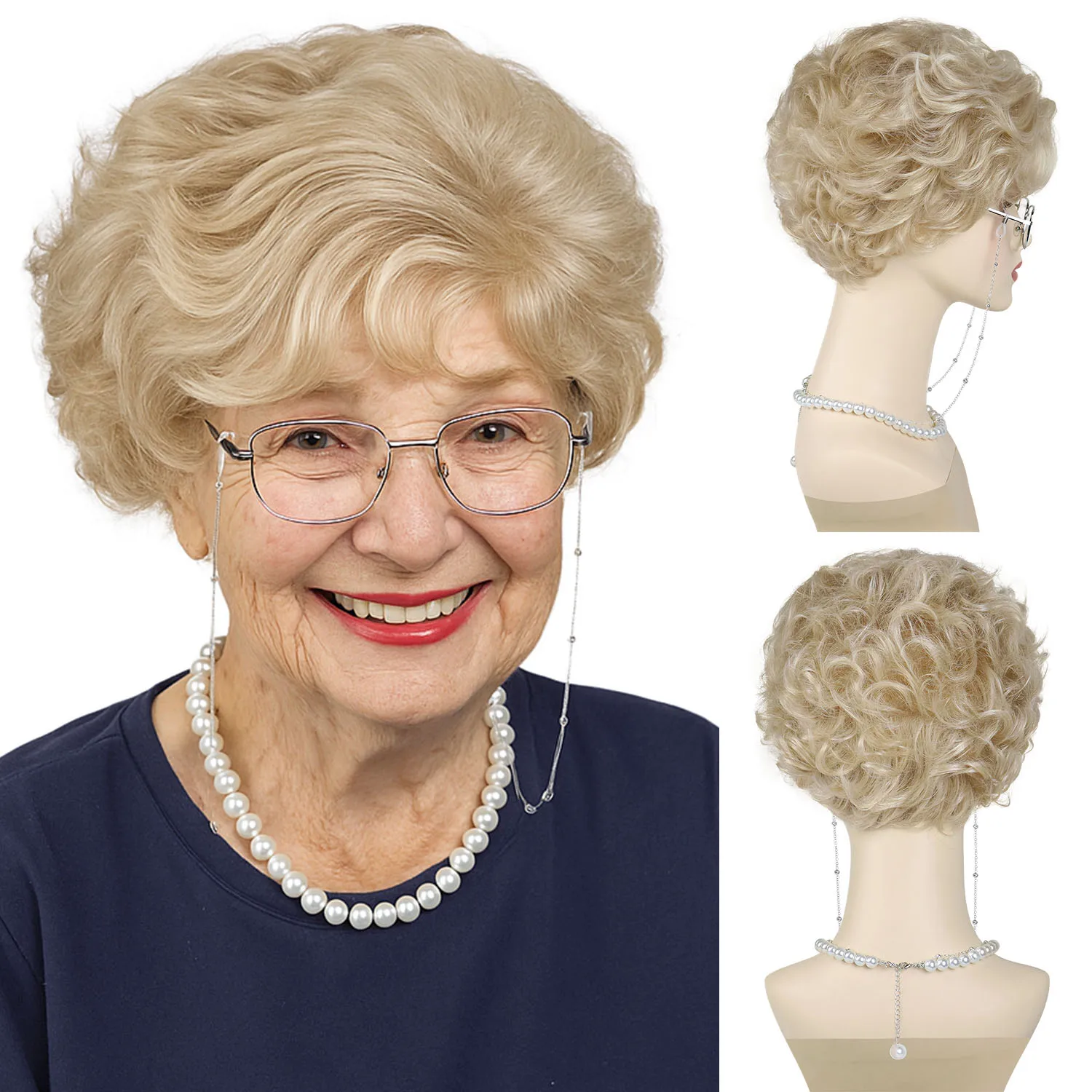 Women's Synthetic Short Curly Blonde Wigs with Glasses and Pearl Necklace Set Heat Resistant Wig 60s Retro Daily Cosplay Wear
Women's Synthetic Short Curly Blonde Wigs with Glasses and Pearl Necklace Set Heat Resistant Wig 60s Retro Daily Cosplay Wear