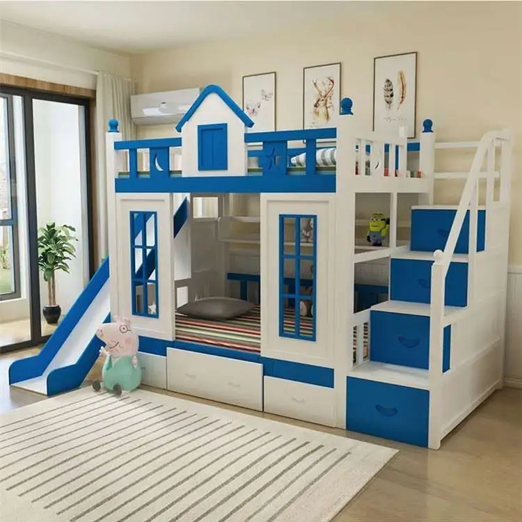 Modern design solid wood bunk bed children's home bedroom furniture with double bed and guardrail
Modern design solid wood bunk bed children's home bedroom furniture with double bed and guardrail