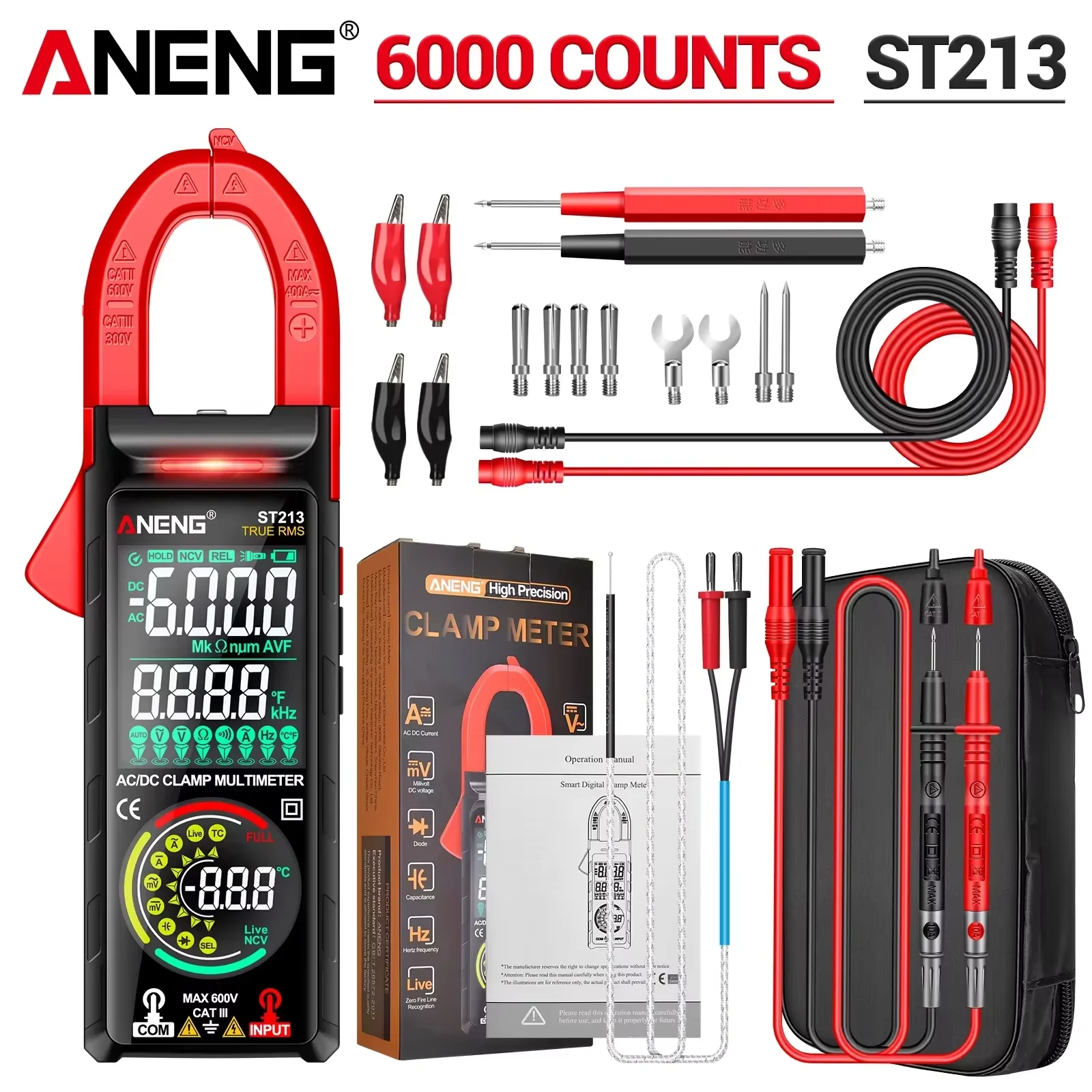 ANENG Clamp Meter Digital Multimeter Smart 6000 Counts ST213 DC/AC Current Voltage Reverse Screen Dual Screen Non-contact Tester
ANENG Clamp Meter Digital Multimeter Smart 6000 Counts ST213 DC/AC Current Voltage Reverse Screen Dual Screen Non-contact Tester