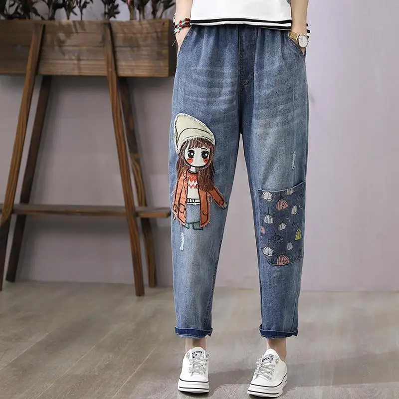 Большой размер, ретро, художественный стиль, летние новые укороченные брюки с вышивкой для девочек, джинсы, свободные тонкие брюки-шаровары с высокой талией M343 
Большой размер, ретро, художественный стиль, летние новые укороченные брюки с вышивкой для девочек, джинсы, свободные тонкие брюки-шаровары с высокой талией M343