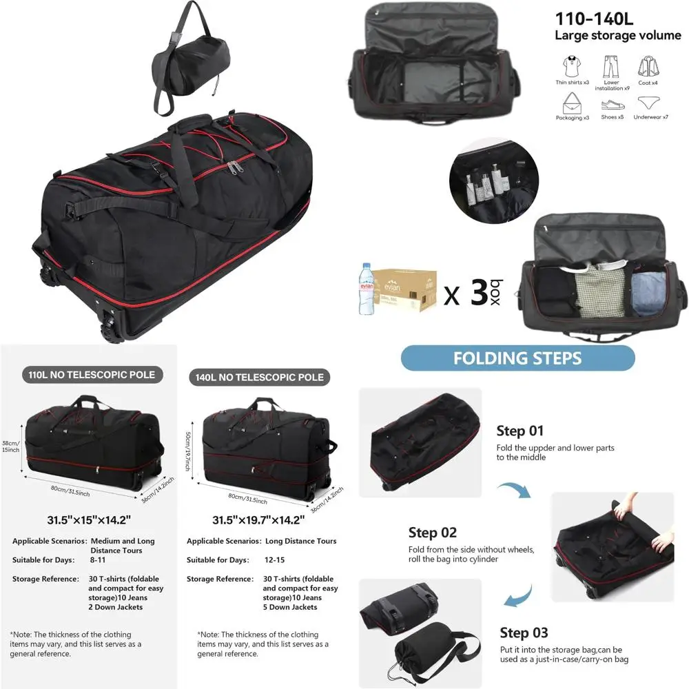 Expandable 110L-140L Rolling Travel Bag, 32 Soft Sided Duffle with 2 Wheels, Black-Red
Expandable 110L-140L Rolling Travel Bag, 32 Soft Sided Duffle with 2 Wheels, Black-Red