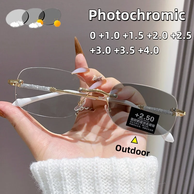 Fashionable Frameless Photochromic Presbyopia Glasses Women Anti Blue Light Glasses Optical Prescription Eyeglasses 0 TO +4.0
Fashionable Frameless Photochromic Presbyopia Glasses Women Anti Blue Light Glasses Optical Prescription Eyeglasses 0 TO +4.0
