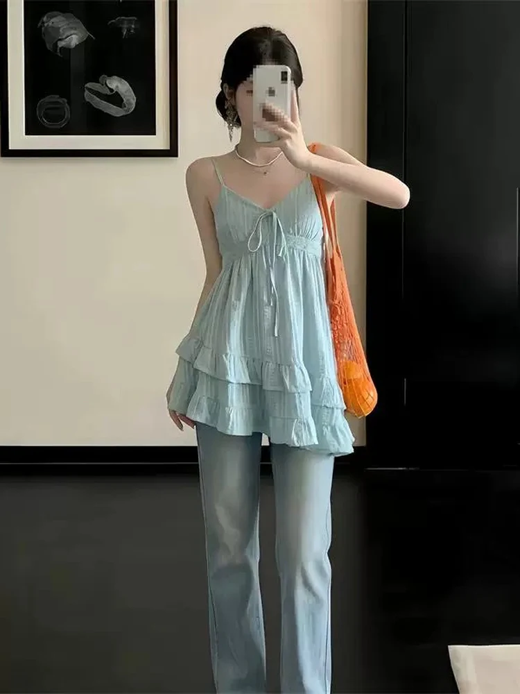 Blue V-neck Ruffle Hem Strapless Waist-cinching Summer Slimming Asymmetrical Skirt Women's Silk Top Korean Style Straight Cut
Blue V-neck Ruffle Hem Strapless Waist-cinching Summer Slimming Asymmetrical Skirt Women's Silk Top Korean Style Straight Cut