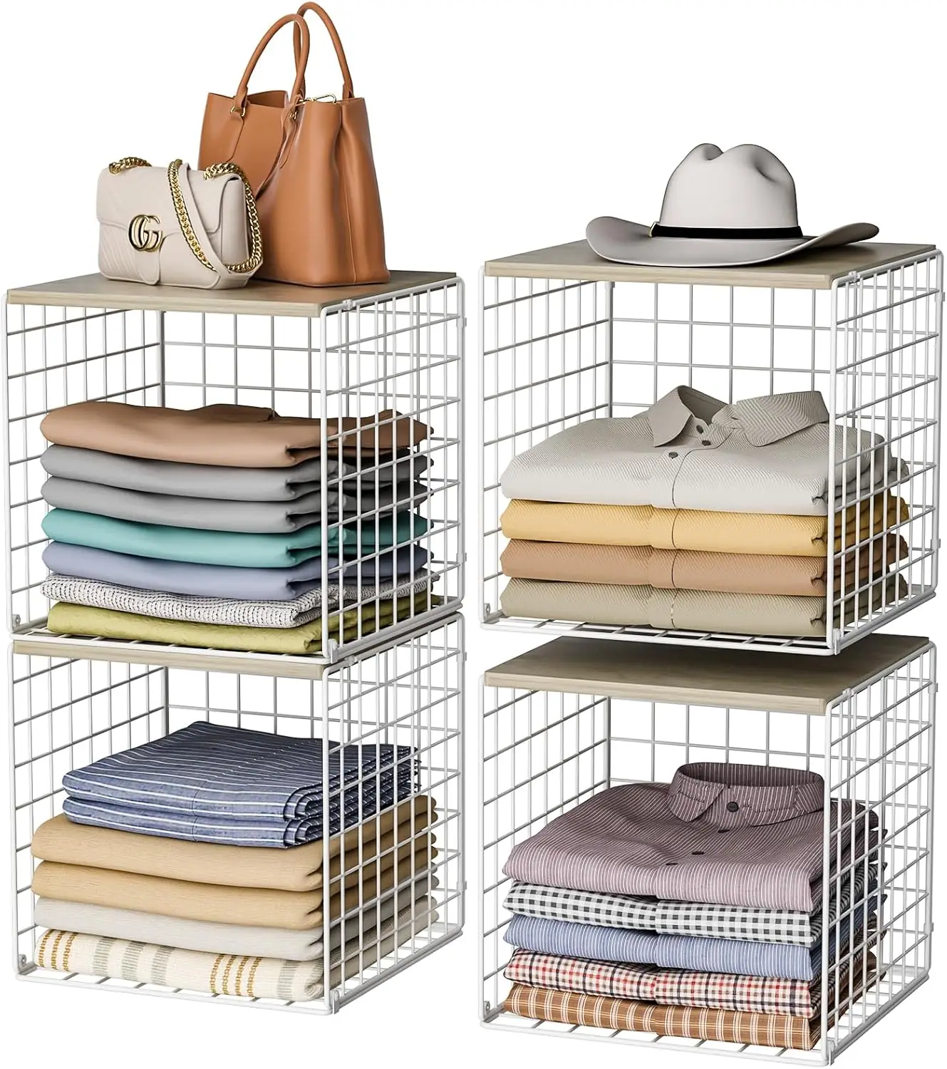 4 Pack Closet Organizers with Wood Top, Stackable Shelf Organizer, Double Storage Design for Clothes, Sturdy, White
4 Pack Closet Organizers with Wood Top, Stackable Shelf Organizer, Double Storage Design for Clothes, Sturdy, White