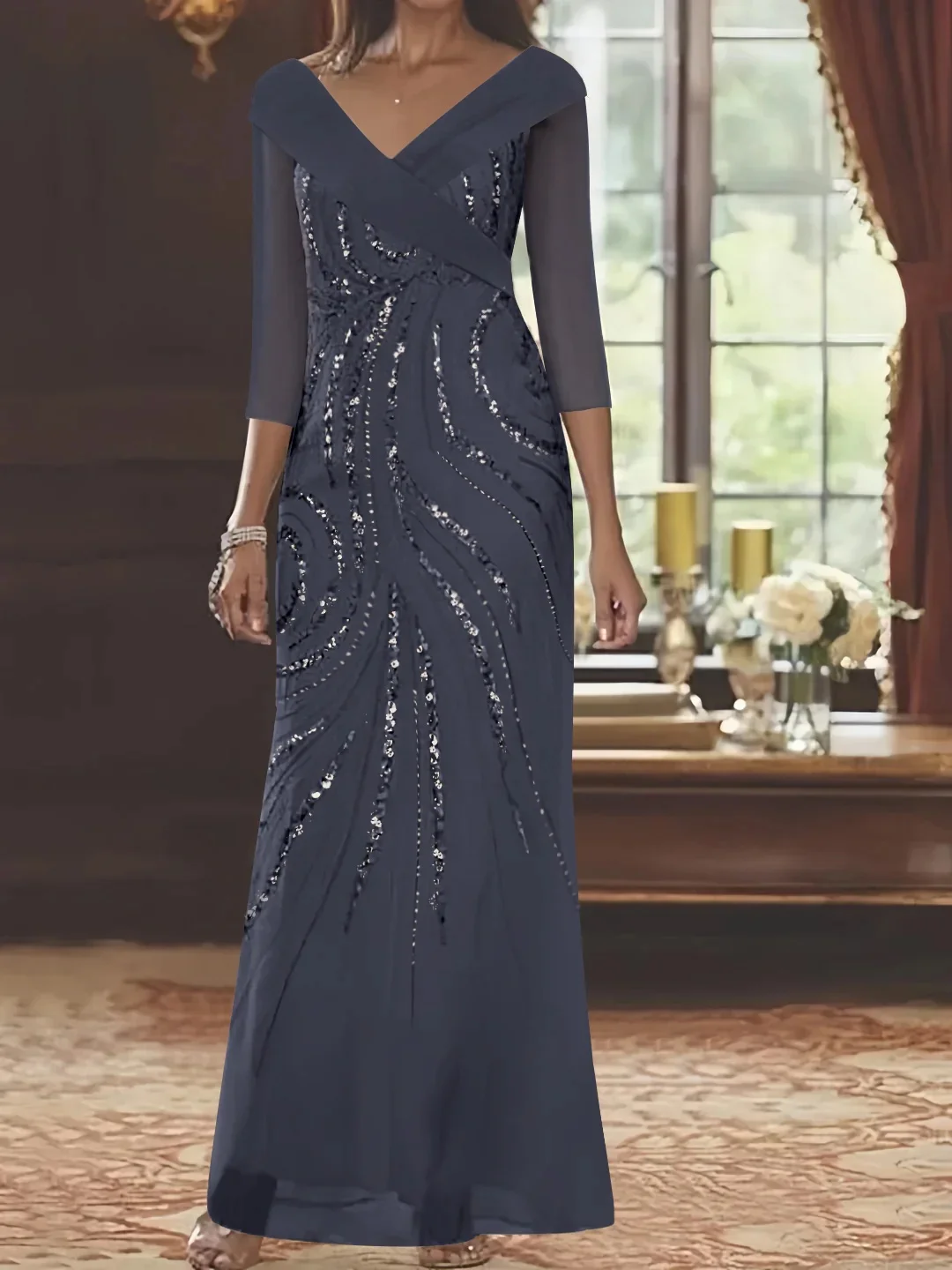 Elegant and pretty Evening Gown V-Neck Floor Length 3/4 Length Sleeve Luxury evening dresses with Sequined Beading 2024
Elegant and pretty Evening Gown V-Neck Floor Length 3/4 Length Sleeve Luxury evening dresses with Sequined Beading 2024