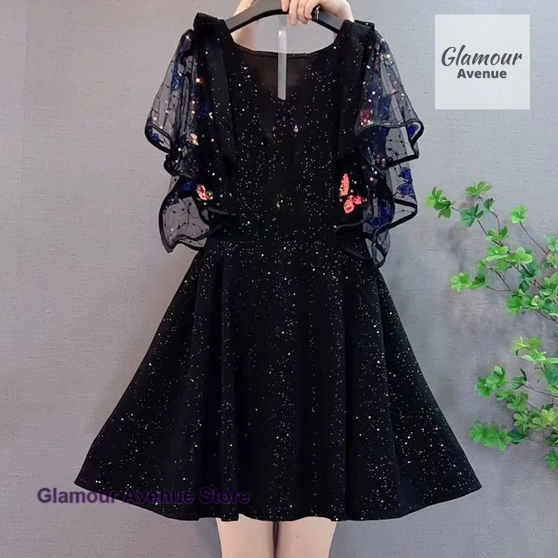 Korean black embroidered gauze sequined dress female summer new fashion slim flying sleeve long short sleeve Joker skirt.
Korean black embroidered gauze sequined dress female summer new fashion slim flying sleeve long short sleeve Joker skirt.